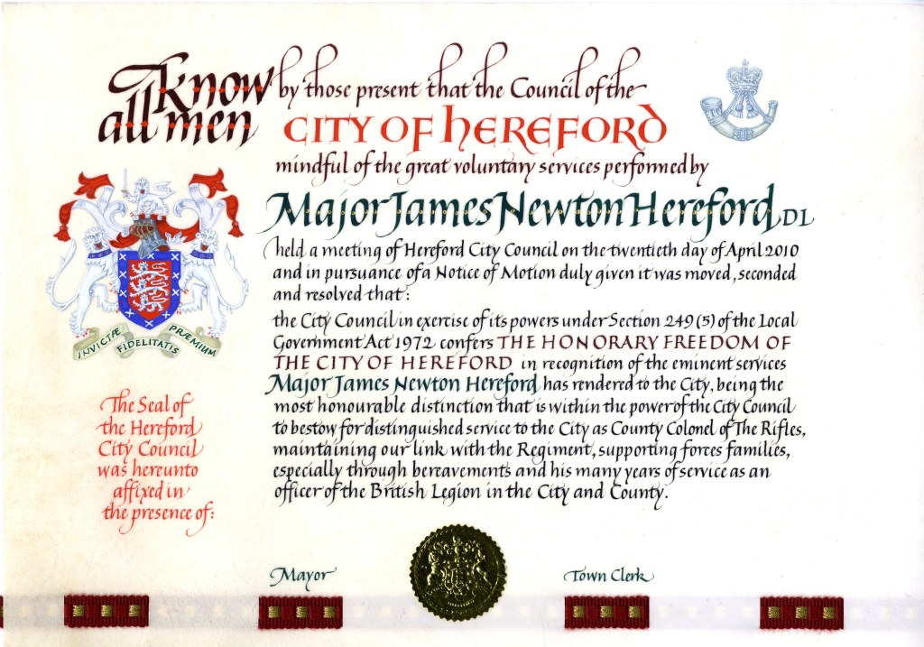 Honorary Freedom of Hereford scroll for Major James Newton Hereford
