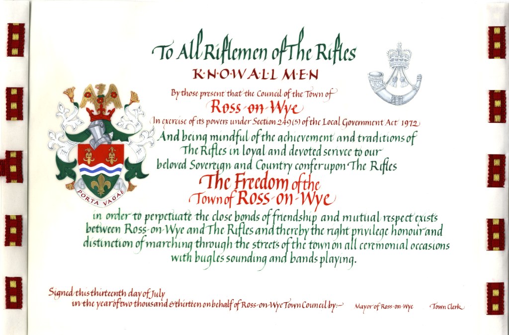Scroll giving The Rifles Freedom of Ross on Wye