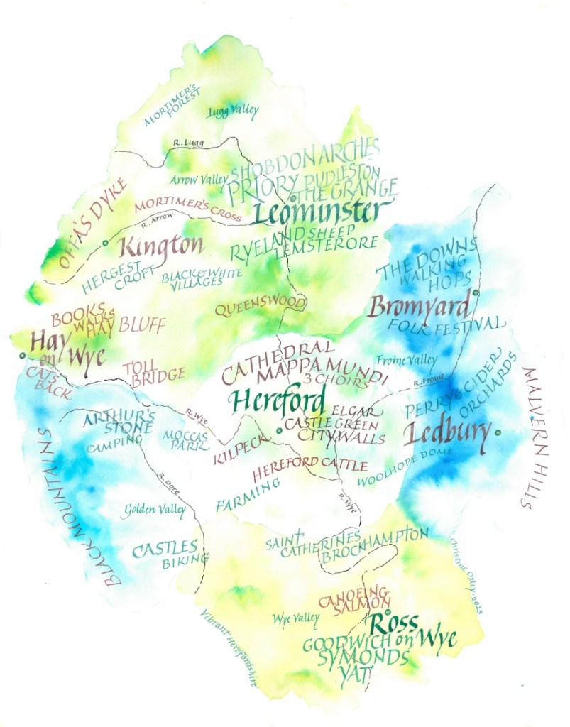 A map of Herefordshire by calligrapher Christine Oxley